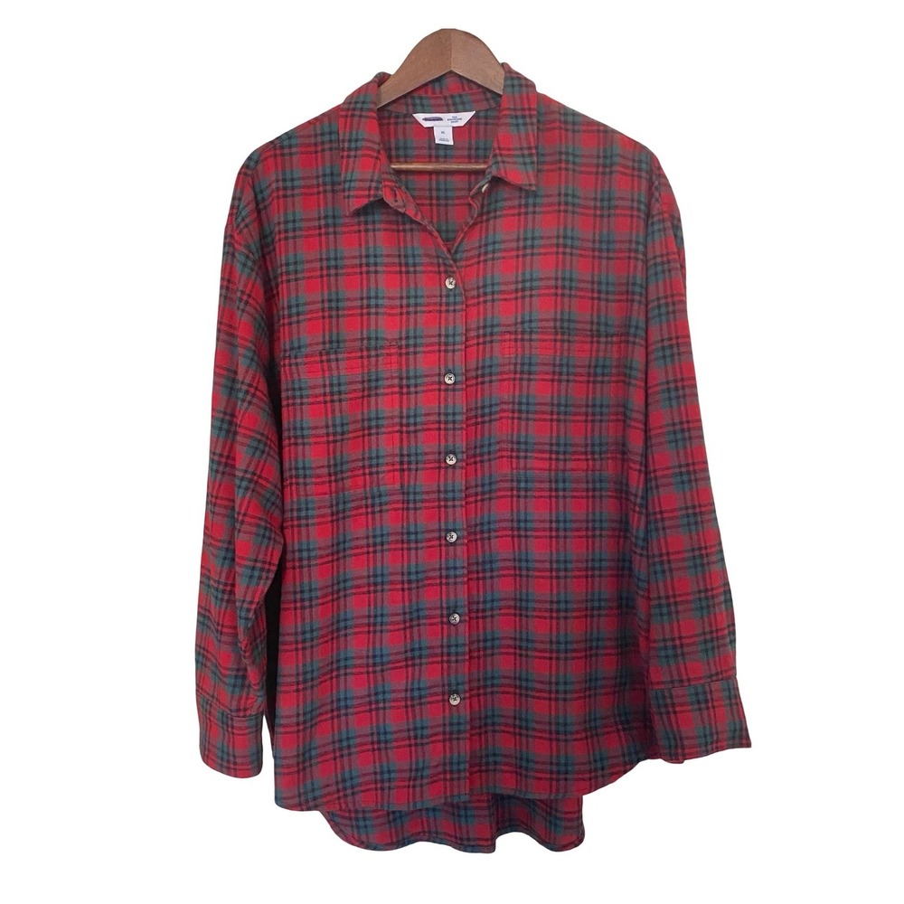 Old Navy The Boyfriend Shirt Womens XL Red Plaid Cotton Flannel Button Down